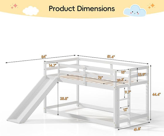 Bunk Bed with Slide, Wooden Bed Frame for Kids, Low Loft Bunk Bed Twin Over Twin with Ladders, Safety Guardrails for Kids, Toddlers, Boys, Girls, Teens, Bedroom (White)