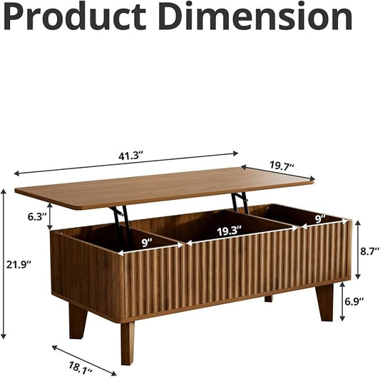 Rectangular Lift Top Coffee Table with Storage, Wood Fluted Modern Living Room Center Table for Home Office, Walnut