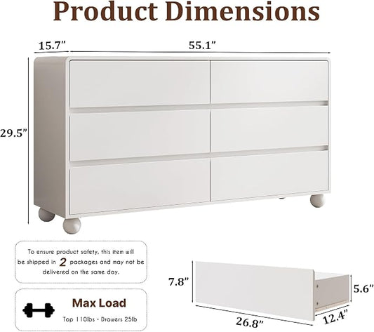 MAISONARIA Mid-Century 3-Piece Dresser Bedroom Set, 6 Drawer Dresser & 2 Drawer Nightstands with Curved Profile Design & Handle Free, Wood Chest of Drawers for Bedroom, Living Room, Hallway, White