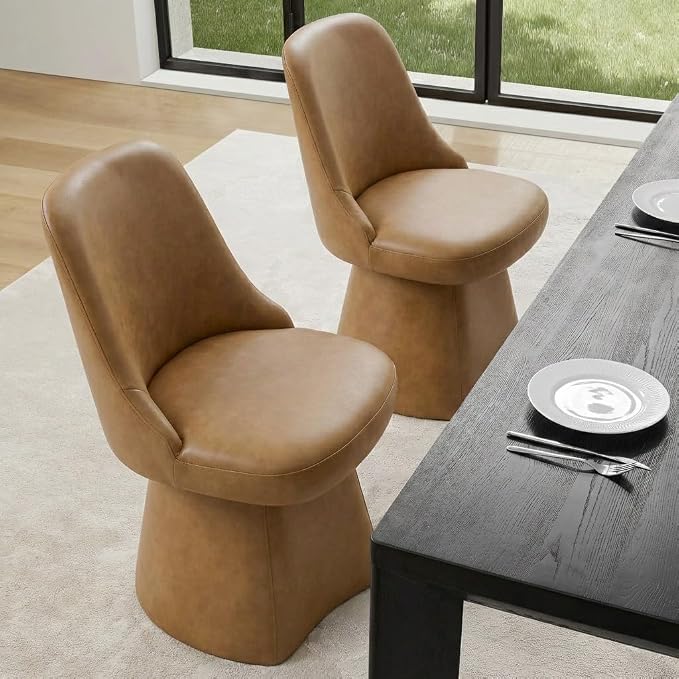 KISLOT Swivel Dining Chairs Set of 4, Upholstered Mid Century Modern Deskchair with High Back, Faux Leather Kitchen Chairs for Dining Room, Bedroom, Dressing Room, Brown