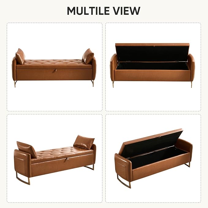 65" End of Bed Storage Bench, Leather Storage Bench for Bedroom with Tufted Button Upholstered and Gold Legs, Ottoman Bedroom Benches with Armrests for Living Room Window, Brown