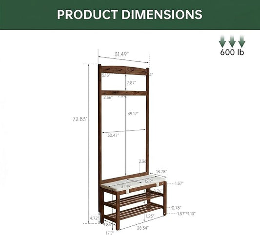 Oak Coat Rack, Solid Wood Hall Tree with Shoe Bench, 2-Tier Shoe Rack with 7 Hooks for Entryway, Hallway, 13.8" x 31.5" x 72.8", Walnut