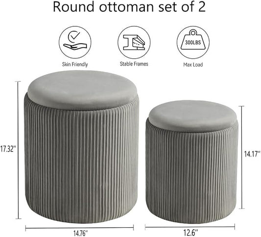 BLEXA Round Ottoman with Storage Set of 2-Upholstered Velvet Vanity Stool for Makeup Multifunctional Ottomans Coffee Table Padded Seat Foot Rest for Living Room&Bedroom(Light Grey-Upgrade Tray Lid)