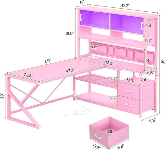 SEDETA L Shaped Gaming Desk, Home Office Computer Desk with 2 Drawer and Bookshelf, L Shaped Gaming Desk with LED Light, Glass Cabinet and Storage Bag, Corner Desk with Storage Shelves, Pink