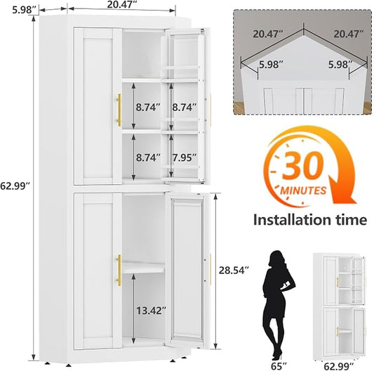 GAIOUS 63" Tall Steel Corner Cabinet, Metal Storage Cabinets with 4 Doors and 3 Shelves, Pantry Cabinets with 6 Door Panel Shelves, Farmhouse Cupboard for Kitchen Dining Room Hallways, White