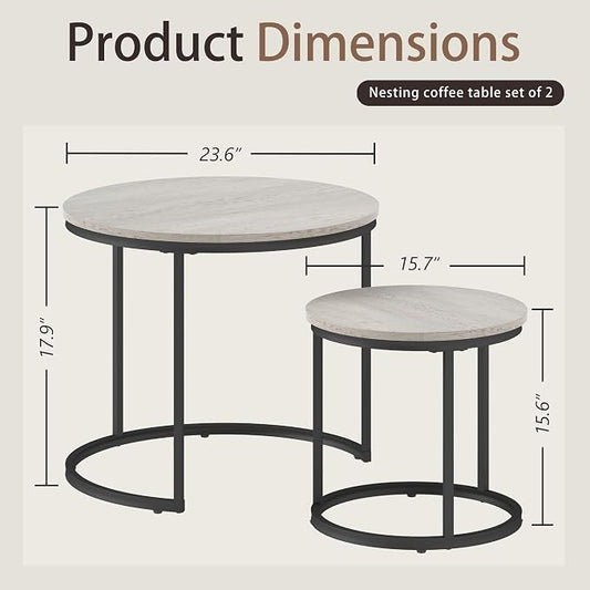 Otterease Nesting Tables Set of 2, Round Coffee Table, Small Nesting Coffee Table with Adjustable Non-Slip Fee, Wood Grain Top Nesting Tables for Living Room, Bedroom (Wood Grain Grey)