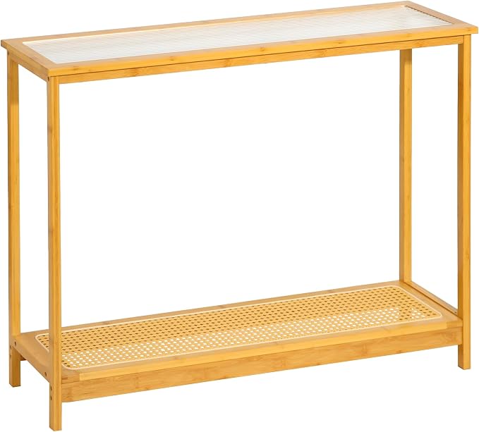Bamboo Narrow Console Table, 39.4"(L) Wood Small Entryway Table with Rattan and Glass, Accent Slim Hallway Tables, Thin Sofa Side Tables for Hallway, Living Room, Foyer, Burlywood