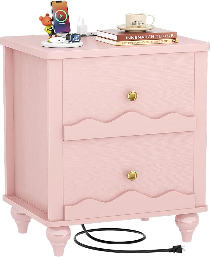 Cyclysio Pink Nightstand with Charging Station, Scalloped Bedside Table with 2 Smooth Drawers, Modern End Table with Solid Wood Legs for Bedroom and Small Spaces