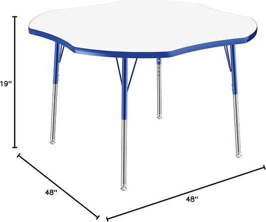 FDP Dry-Erase Clover Activity School and Office Table (48 x 48 inch), Standard Legs with Swivel Glides for Collaborative Spaces, Adjustable Height 19-30 inches - Whiteboard Top, Blue Edge and Legs