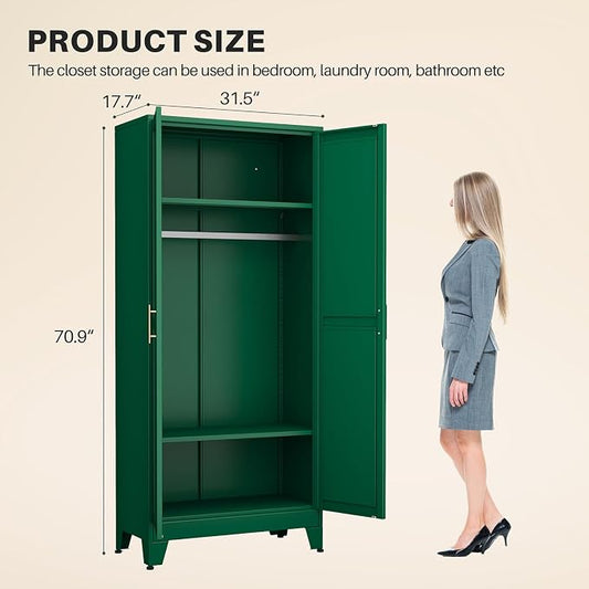 winiowa Metal Armoire Wardrobe Closet with 2 Mirror Doors, 71" Wardrobe Cabinet with Adjustable Shelves and Hanging Rod, Clothing Storage Cabinet Closet with Mirror for Bedroom-Green