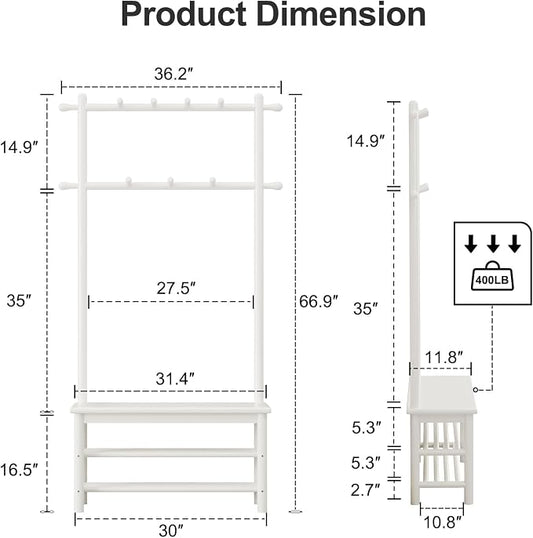 AQIMUELE Coat Rack with Shoe Storage, Wooden Hall Tree with Bench, 11 Hooks and 2-Tier Storage Shelves, 3-in-1, Entryway Bench with Coat Rack (31.5"-White)