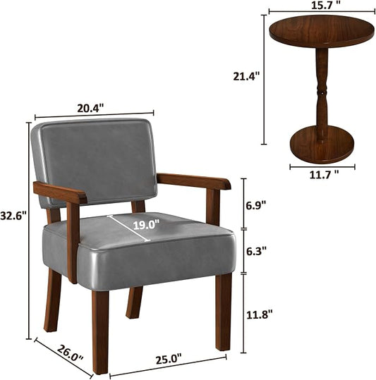 FAGAGA Accent Chair Set of 2 with Table, PU Leather Oversized Living Room Chairs with Soft Seat and Armrests, Armchair for Bedroom, Dinning, Reading and Waiting Rooms (Leather Gray)