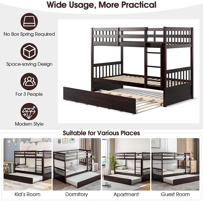 NAFORT Twin Over Full Bunk Bed with Trundle, Solid Wood Bunk Bed Frame, Ladder & Guardrails, Converts to 2 Platform Beds for Kids/Teens/Guests (Espresso, Twin Over Twin with Trundle)