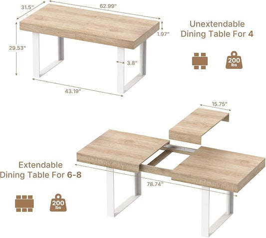 Zevemomo 63"-78.7" Expandable Dining Table for 4-8, Extendable Dining Room Table, Space-Saving Kitchen Table Equipped with an Expandable Slide Track, Tapered U-Shaped Wood Legs for Living Room(Oak)