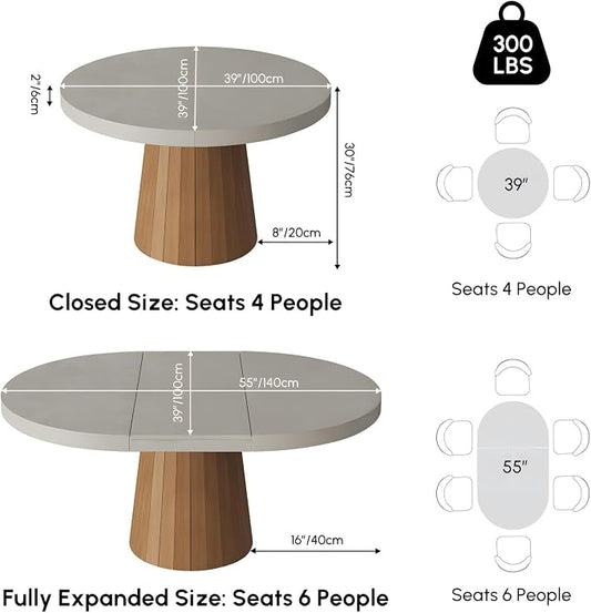 homary Extendable Dining Table for 6 Round to Oval 39"-55", Solid Wood Kitchen Table for 4-6 People, Space-Saving Design for Small Spaces & Family Gatherings