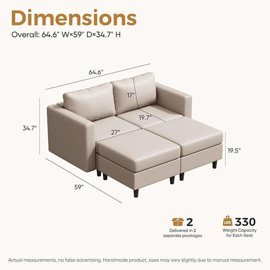 ABCASA Faux Leather Loveseat Sofa Sleeper Bed with Storage Seat, 64.6" Modular Sectional Couch Deep Seat with Reversible Chaise 2-Seat Whitesand