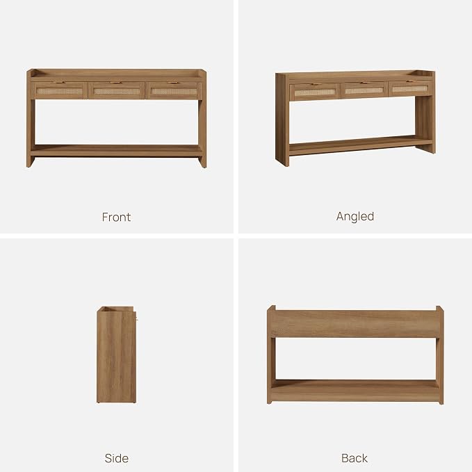 SICOTAS 60" Rattan Console Table for Entryway - Farmhouse Entry Table Sofa Table with 3 Drawers, Narrow TV Console Table with Storage for Living Room, Hallway, Couch, Foyer