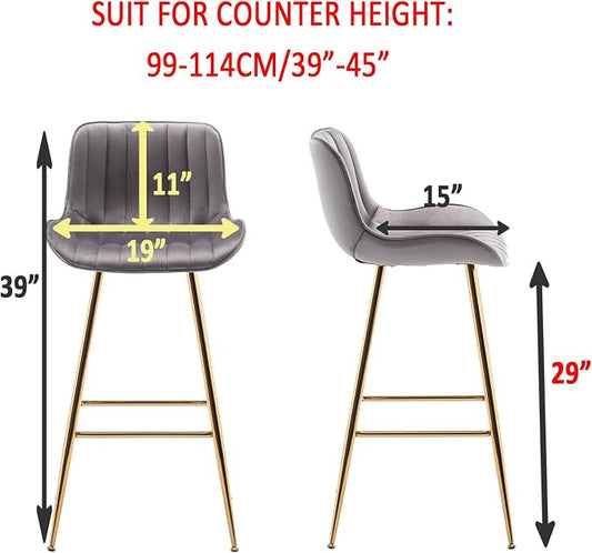 Sidanli Gold Bar Stools Set of 2, 29” Velvet Barstools, Kitchen Chairs for Bar Height with Back and Footrest, Gray