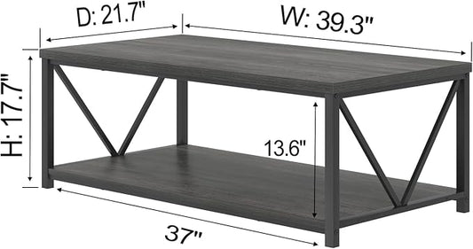 FOLUBAN Coffee Table with Storage, Modern Small Center Tables for Small Spaces, Rustic Wood and Metal Cocktail Table for Living Room, 39.3 Inch Dark Gray