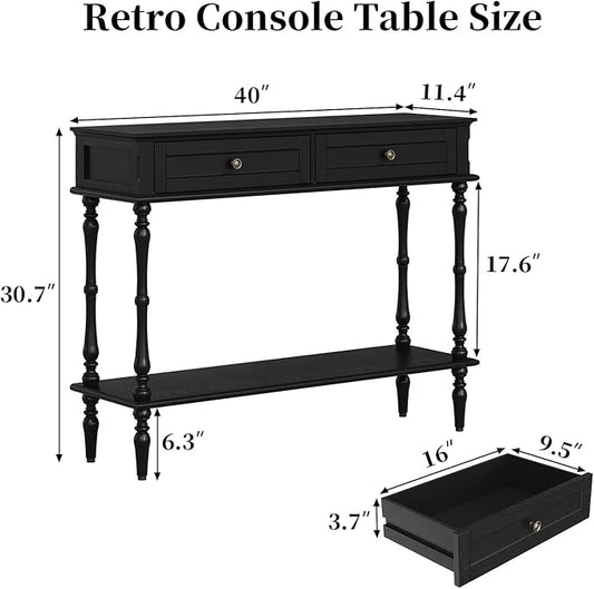 ARTPOWER Console Table for Entryway with 2 Drawers-Minimal Assembly,Retro Entryway Tables with Storage Cabinets and Open Shelf,Narrow Long Couch Table Behind Sofa for Living Room,Foyer,Hallway,Black