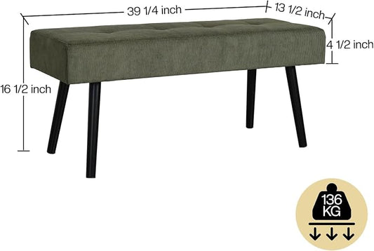 Comfy to go Entryway Bench - Green Bench for Bedroom, Modern Ottoman End of Bed, Corduroy Padded Benches for Living Room, Foyer, Mudroom, Hallway - 39" L x 14" W x 17" H