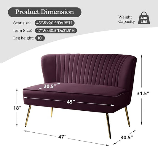 TINA'S HOME Contemporary Velvet Loveseat Sofa, Upholstered Loveseat Couch with Golden Metal Legs, Small Tufted 2-Seat Sofa Armless Love Seat for Living Room, Bedroom, Apartment Small Spaces, Purple