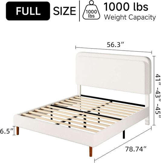 Full Size Boucle Platform Bed Frame with Adjustable Headboard, Upholstered Cloud Bed, Solid Wooden Legs, No Box Spring Needed, Easy Assembly, White