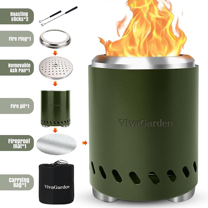 Smokeless Tabletop Fire Pit, VivaGarden Portable Outdoor Fire Pit for Camping, Patio, Backyard, Wood and Pellets Burning Camping Stove with Carry Bag, Forks, Mat and Pot Stand (9.7x7.1 Inch, Green)