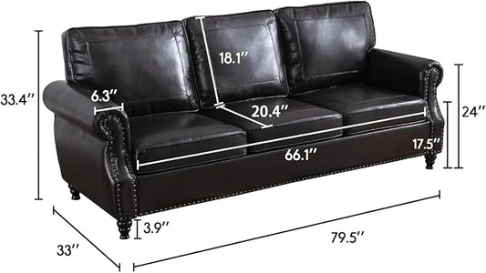 Kingfun Mid-Century Modern Couch, Faux Leather Sofa, 3 Seater Couch for Living Room with Rolled arms & Nailhead Trim, Black