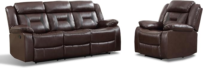 EBELLO Manual Recliner Sofa Set, Faux Leather Reclining Living Room Furniture Set, Included Recliner Chair and 3 Seat Manual Sofa, Dark Brown