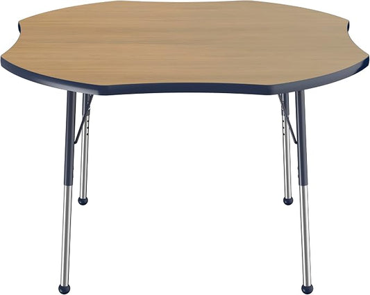 FDP Clover (48 x 48 inch) Collaborative Classroom Table with Adjustable Standard Ball Glide Legs (19-30 in) School and Office Furniture - Pasadena Oak Top/Navy Edge and Legs