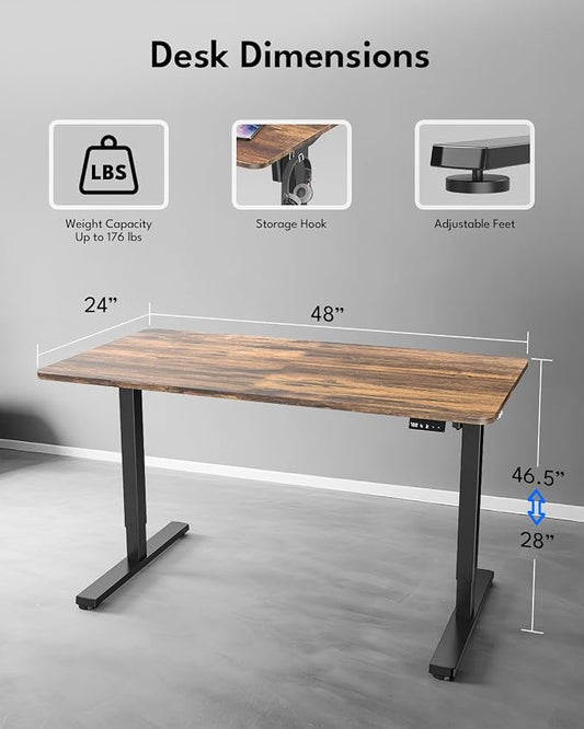 Standing Desk, Height Adjustable Electric Stand up Desk, 48 x 24 Inches Sit Stand Home Office Desk with Splice Board, Black Frame/Rustic Brown Top