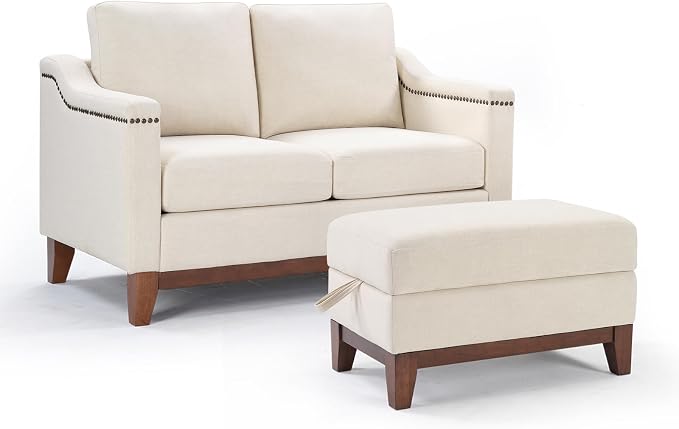 HAOMARKETS 2 Piece Fabric Sofa Set with Nailhead Trim, Included Loveseat 2-Seater Couches with Thicked Cushion and Upholstered Storage Ottoman with Flip-Top Table, Living Room Furniture Set,Beige
