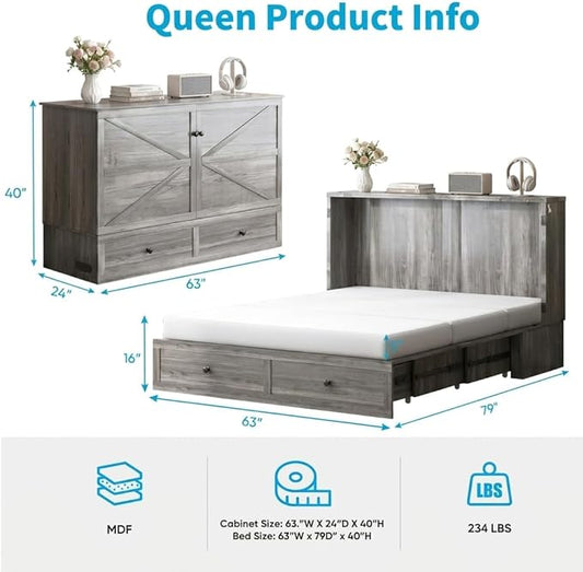 Mjkone Queen Size Cabinet Murphy Bed with Tri-Folding Foam Mattress, Farmhouse Chest Cabinet Wall Beds with USB Charging Station and 2 Storage Drawers for Bedroom Office Guest Room, Gray