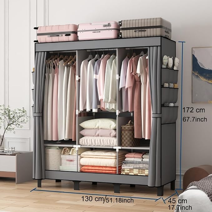 Portable Closet, 51.18" Large Capacity Clothing Storage Organizer with 3 Hanging Rods 6 Shelves 18 Side Pockets, Dustproof Sturdy Wardrobe for Bedroom Dorm Rental Apartment (Grey, Large)