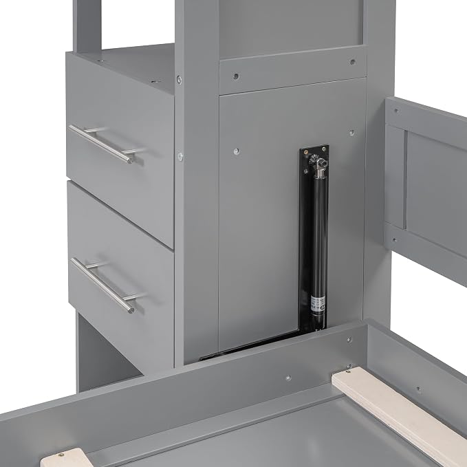 Queen Murphy Bed Cabinet, Space Saving Wall Bed with Storage and Lights | Flexible slats support an 8-inch mattress, while 2 four-layer shelves and 4 drawers help keep essentials organized