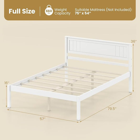 Giantex Full Size Wood Platform Bed Frame with Headboard, Mid Century Solid Wood Mattress Foundation with Slat Support, Double Bed Frame w/16 Under-Bed Storage, No Box Spring Needed (White)