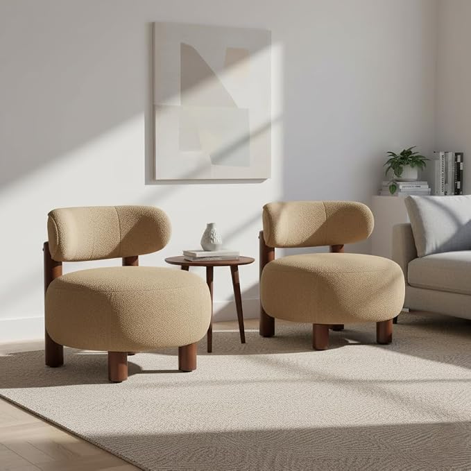 Modern Boucle Accent Chair, with Plush Faux Sherpa Upholstery, Curved Backrest, Solid Wood Legs for Living Room Bedroom Reading Nook, 27.5", Camel
