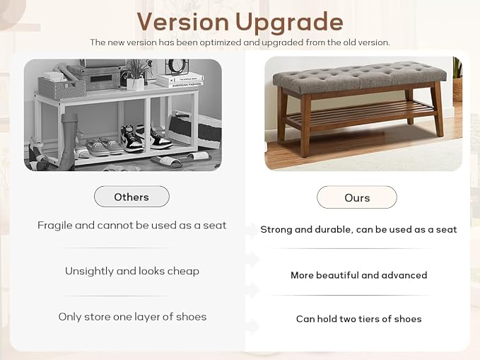 HUIMO Entryway Shoe Bench, End of Bed Bench,Upholstered Button-Tufted Bench for Kitchen, Fabric Ottoman Bench for Living Room, Padded Bench with Solid Wood Shelf,Brown