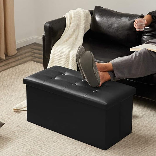 YOUDENOVA Folding Storage Ottoman, Faux Leather Ottoman Bench Footrest Ottoman, Storage Chest Padded Seat for Bedroom and Living Room, Black, 15" D x 30" W x 15" H