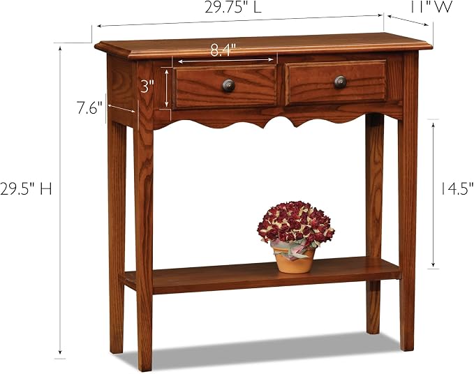 Leick Home Narrow Console Table with 2 Drawers and Bottom Shelf, Medium Oak Sofa Table for Entryway, Hallway, Living Room or Behind Couch, Solid Wood Slim Storage Accent Furniture, 9027-MED