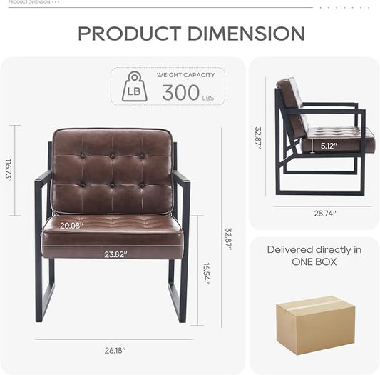 COLAMY Mid Century Modern Accent Chair, Comfy Living Room Chairs, Brown Leather Accent Chair, Faux Leather Reception Armchair with Metal Legs for Living Room Bedroom Reception Waiting Room, Brown