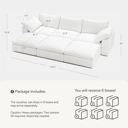 Cloud Couch Sectional 113.8'' Oversized Modular Deep Seat Sofa Bed Comfy White Cloud Couch with Washable Cover for Living Room 3 Seat & 3 Ottoman