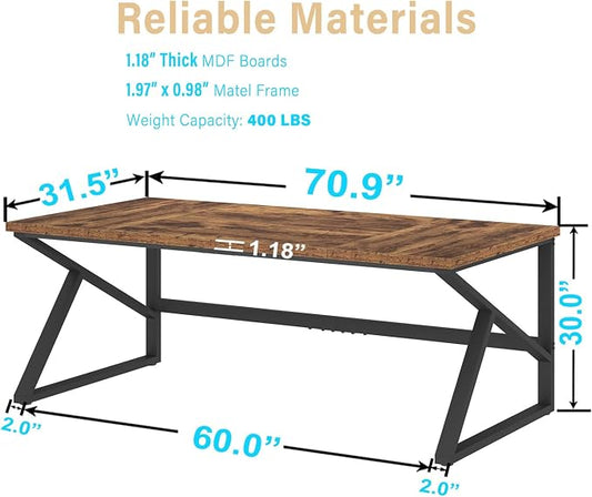 HSH Large Rustic Brown Computer Desk, 70 Inch Home Office Metal Wood Desk for 2 Person, Farmhouse Extra Long Writing Study Gaming Table, Bedroom Living Room PC Laptop Dual Monitor Desk