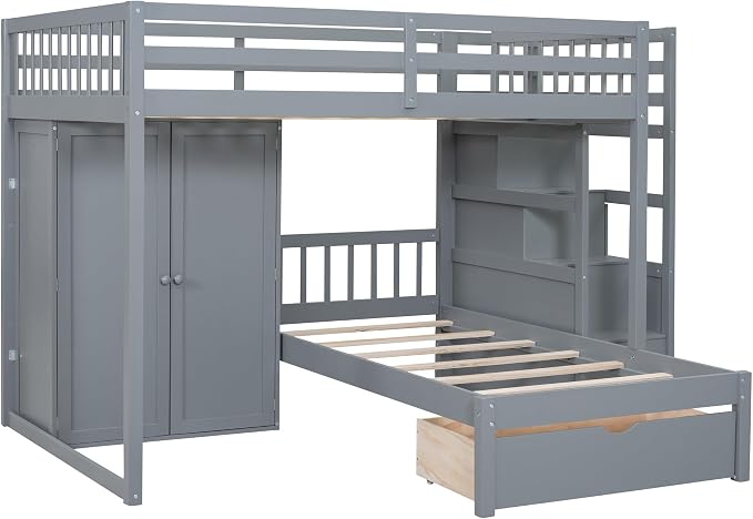 Ball & Cast Full Over Twin Bunk Bed with Safty Guardrail & Storage Stair,Wood Loft Bedframe W/Wardrobe & Drawers,Space-Saving Design,Easy Assembly,Versatile Furniture for Boys Girls Teen Bedroom,Gray