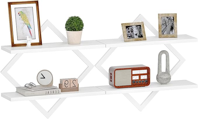 CHOEZON Floating Shelves, Set of 2 Wall Shelves, 2-Tier Hanging Shelves, Wall Shelf Set of 2, for Living Room, Bedroom, Kitchen, Office, Study, White TBJ01P2WB