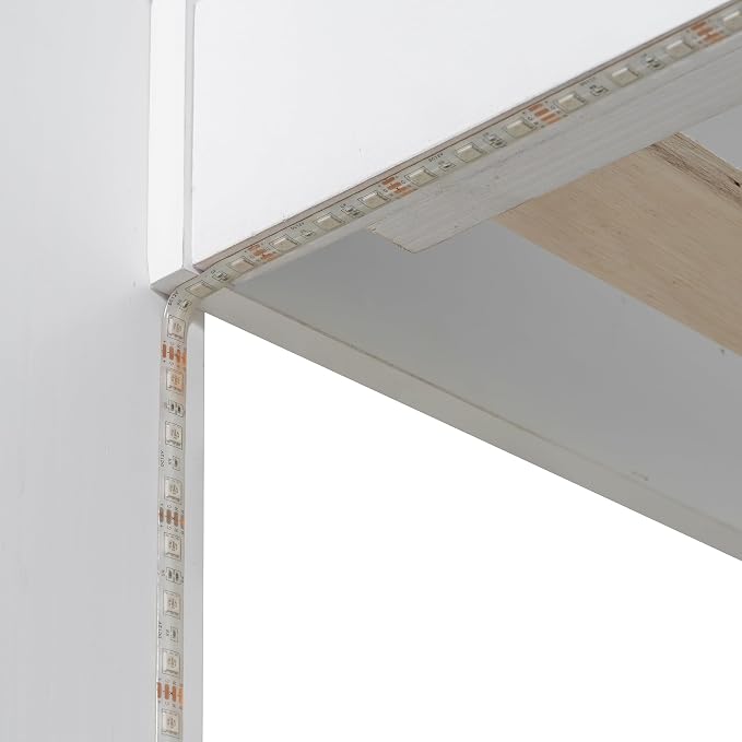 RUNNA Twin Over Full Bunk Bed with Storage Shelves, LED White/LED | Charging Station and a Drawer, Solid Wood Bunk Bed for Kids, Teens, Adults