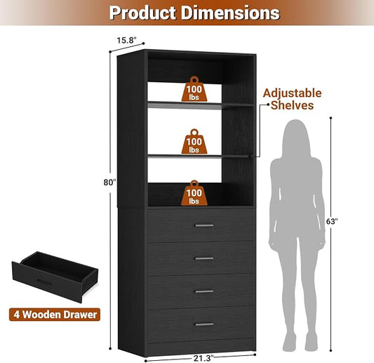 Aheaplus Closet Drawers System, 21.3" Wood Closet Organizer System with 4 Drawers, Modular Walk-in Closet System Storage Unit, Small Closets Wardrobe Rack, Tall Storage Cabinet Unit, Black