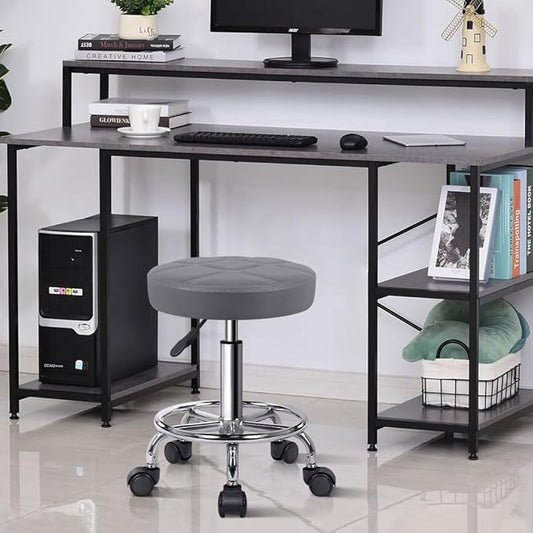 KKTONER Round Rolling Stool Chair PU Leather Height Adjustable Swivel Drafting Work SPA Shop Salon Stools with Wheels Office Chair Small (Gray)