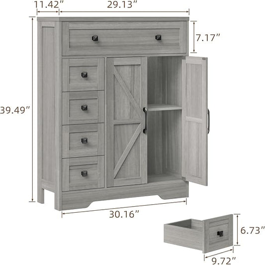 Vabches Farmhouse Storage Cabinet with 2 Doors and 5 Drawers, Freestanding Bathroom Cabinets Kitchen Pantry, Floor Storage Cabinet Hutch Cupboard for Living Room/Bathroom/Kitchen.Wash Grey